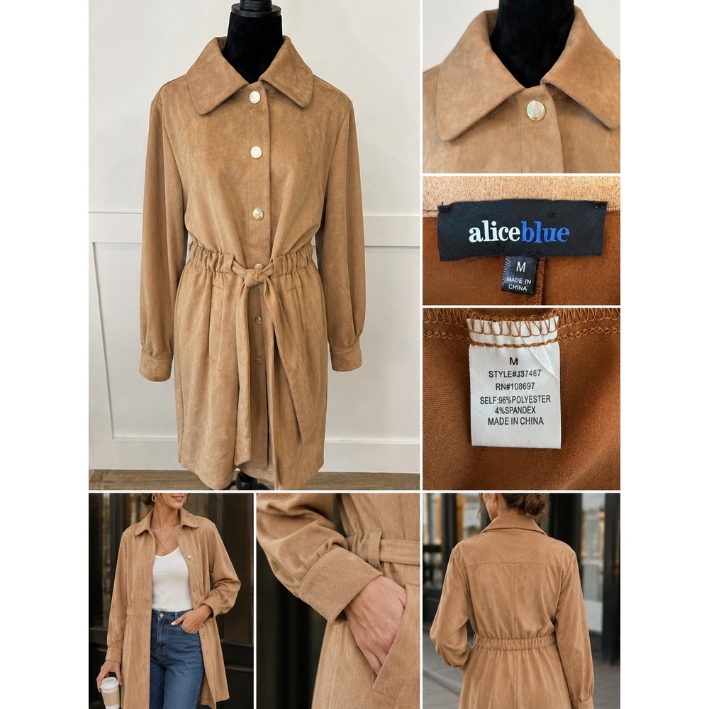 Alice Blue Tan Faux Suede‎ Belted Trench Coat Jacket Womens Medium J37487